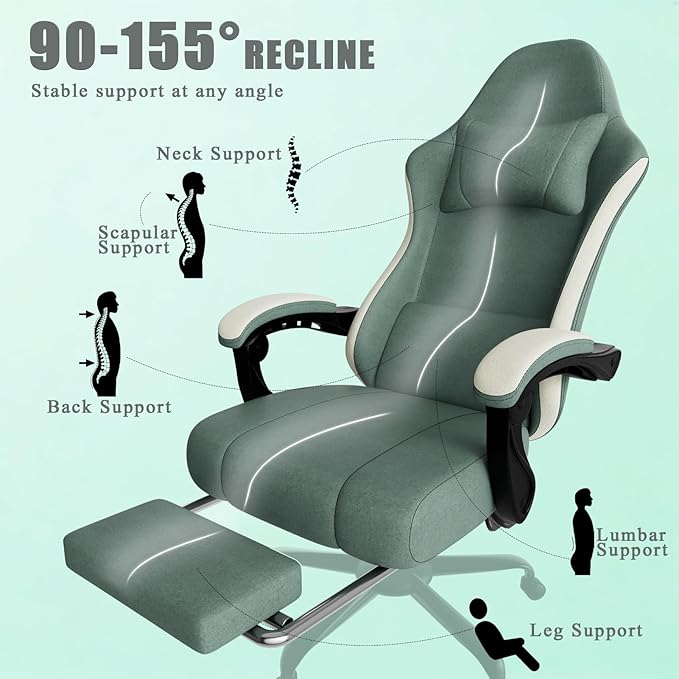 Gaming Chair High Back Fabric Computer Chair with Pocketed Spring Cushion and Footrest Height Adjustable Game Chair with Headrest and Lumbar Support (Beige &amp Blue)