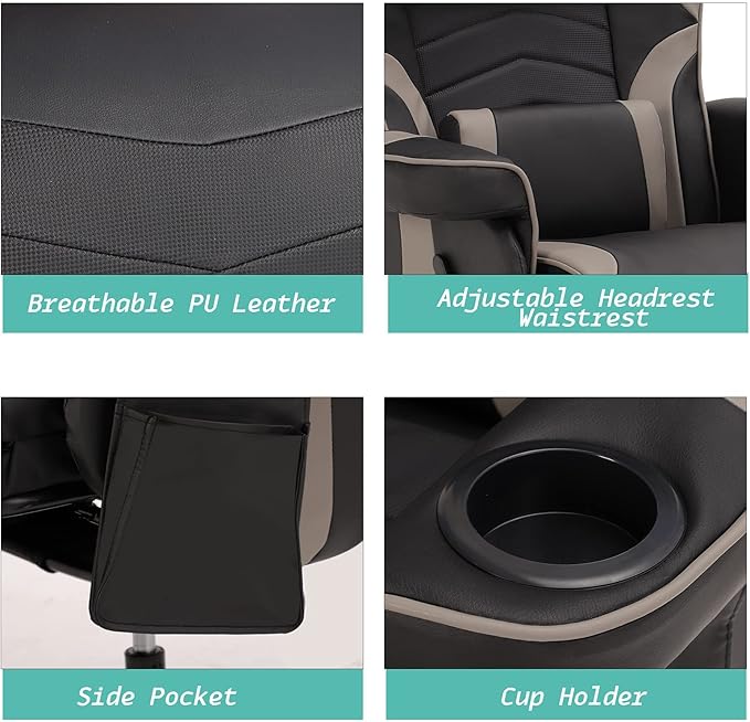 LVUYOYO Reclining Gaming Chair Gaming Chair with Footrest and Massage High Back PU Leather Gaming Recliner w/Adjustable Height Swivel Game Chair with Lumbar Support Cup Holder Headrest
