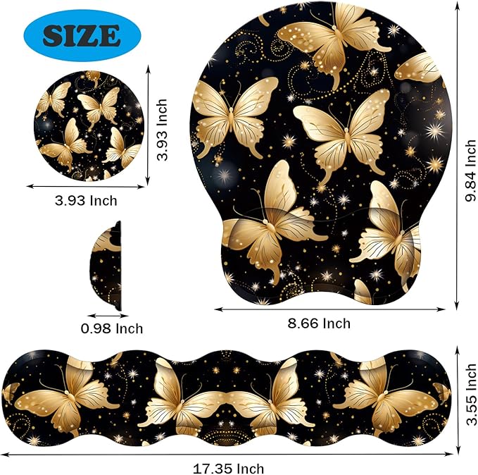 Keyboard Wrist Support + Wrist Mousepad + Coaster Combination Non-Slip PU Base with Gel Memory Mousepad Suitable for Gaming Office Pain Relief Mousepad Set - Golden Butterfly