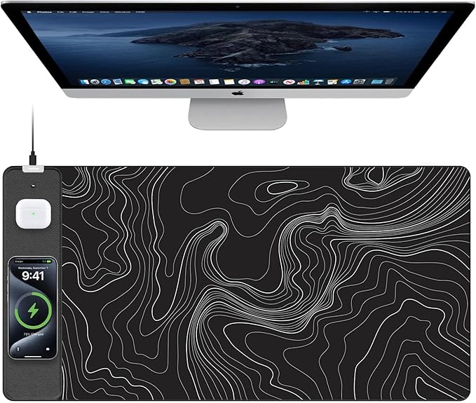 TopMade Mouse Pad with 15W Fast Wireless Charging 31.5x15.75 XXL Large Gaming Waterproof Desk Pad with Ultra-Smooth Surface Non-Slip Base Computer Desk Mat Black Topographic Map #2