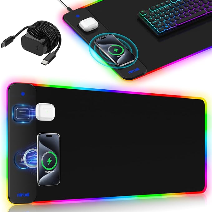 Magnetic Charging Mouse Pad 31.5x15.75 15W Fast Wireless Charging Desk Mat XXL Desk Pad RGB Gaming Mousepad Home Office Large Keyboard Pad with Ultra-Smooth Surface Non-Slip Base