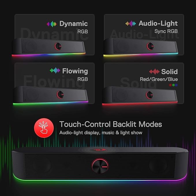 Redragon GS560 RGB Desktop Soundbar 2.0 Channel Computer Speaker with Dynamic Lighting Bar Audio-Light Sync/Display Touch-Control Backlit with Volume Knob USB Powered w/ 3.5mm Cable Black