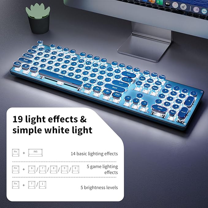 EWEADN TK950 Typewriter Keyboard Wireless Mechanical Keyboard 104 Keys Aesthetic Typewriter Keyboards with White Backlit Anti-Ghosting Blue Switch Bluetooth/2.4GHz/Wired Keyboards-Blue