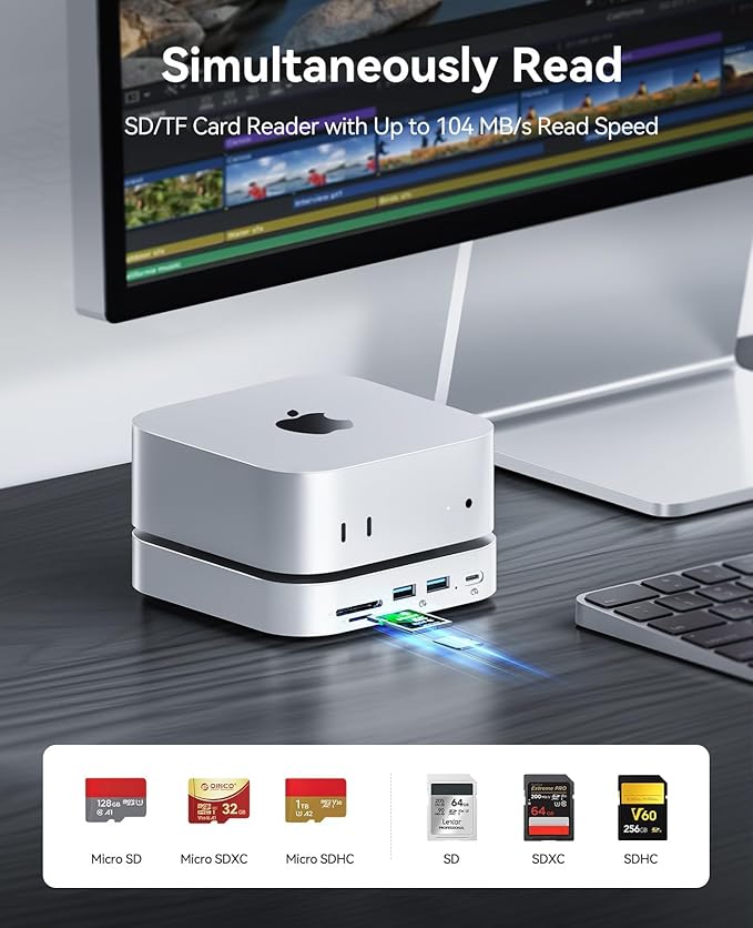 ORICO MiniLink Mac mini M4 Dock &amp Stand 2 × 10Gbps USB 3.2 Ports 10Gbps USB C USB A 3.0 2.5G Ethernet Port SD/TF 3.5mm Headphone &amp Microphone Jacks Compatible with Mac mini M4/M4 Pro (M