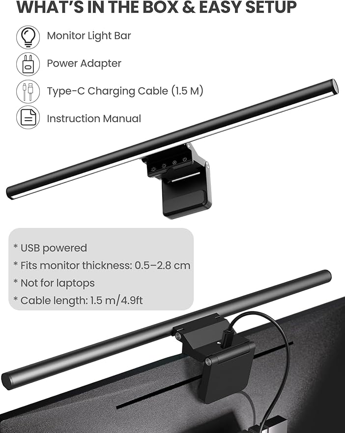 Monitor Light Bar 19.7” No-Glare Asymmetric Screen Lamp Auto-Dimming CRI Ra97 2700K–6500K &amp Stepless Dimming Touch Control Includes 5V/2A Adapter Fits 0.2–1.1” Monitors (Not for Laptops)