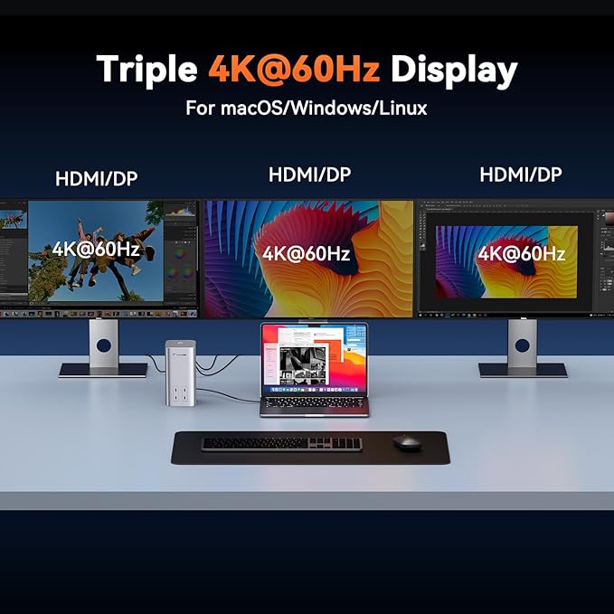 TobenONE 20-in-1 Docking Station 3 Monitors for MacBook Triple 4K@60Hz Monitor Docking Station with 3 HDMI 2 DP 45W PD150W Charger 6 USB Ports Driver-Basedfor M1/M2/M3/M4/M5/Windows/Chrome OS