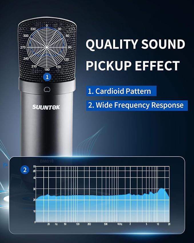 XLR Condenser Microphone Recording Microphone for PC Computer Home Studio Cardioid Podcast Mic Kit for Streaming ASMR YouTube Voice-Over Gaming Vocal (Black)