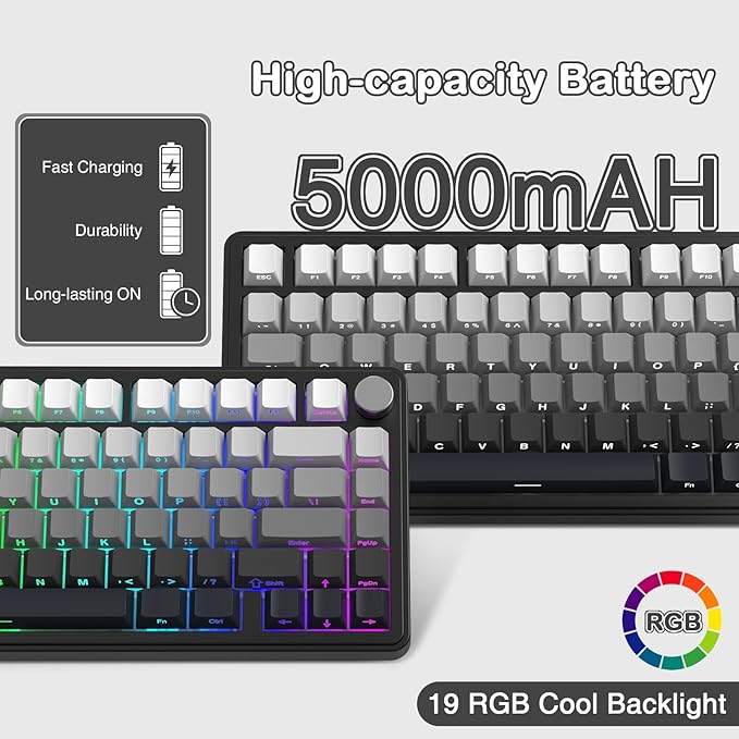 ATTACK SHARK X85 Wireless Mechanical Gaming Keyboard with Knob Hot Swappable BT/2.4GHz/USB-C Side Print PBT Keycaps 75% Gasket Keyboard RGB Coiled Cable Linear White Jade Switch for PC/MAC/Win