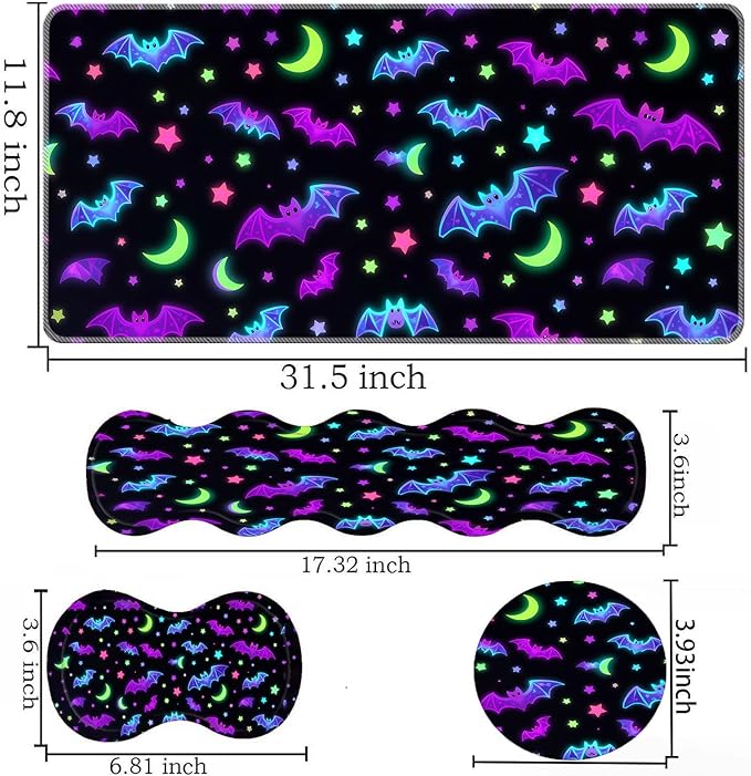 Keyboard Mouse Pad SetLarge Desk Pad+Keyboard Wrist Rest+Mouse Wrist Support+CoasterEasy Typing Pain Relief Non-Slip Wrist Support Mousepad Set Home OfficeGlowing Bats