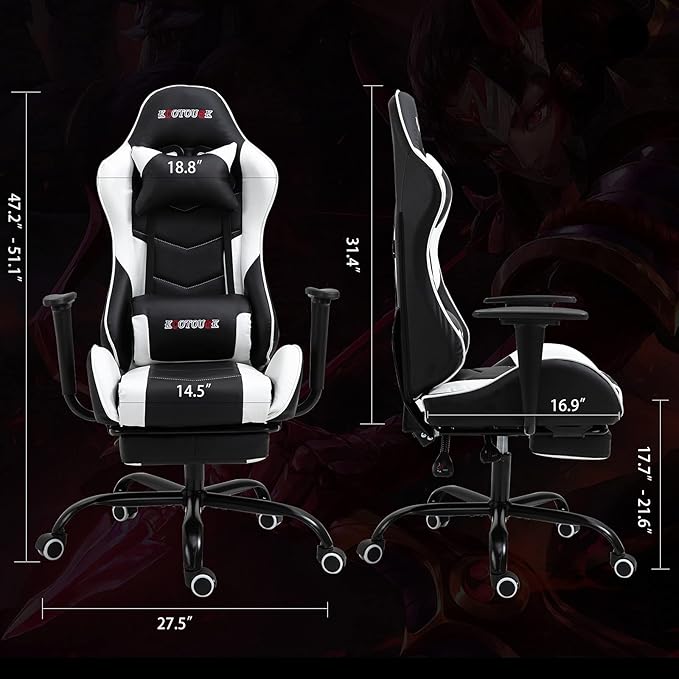 Massage Gaming Chair w/Footrest Video Racing Chair PC High Back Desk Computer Chair PU Leather Recliner w/Headrest and Lumbar Pillow White