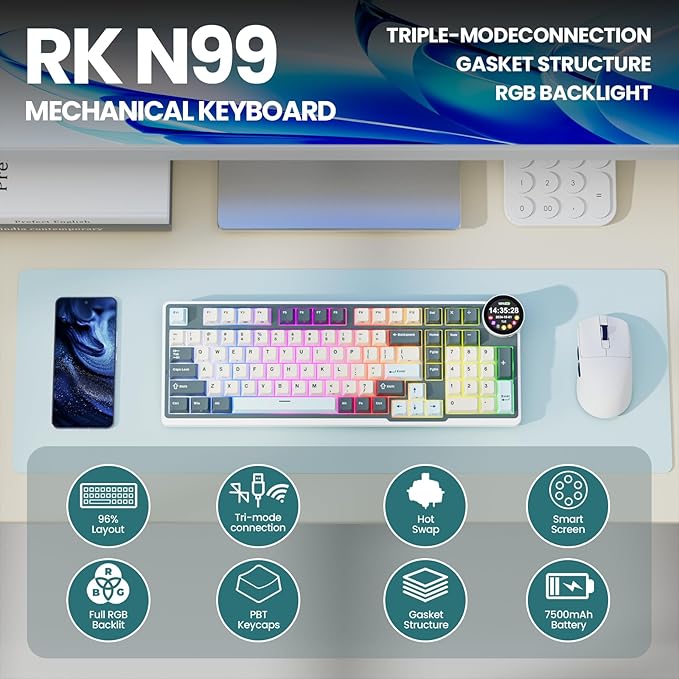 RK ROYAL KLUDGE N99 Wireless Mechanical Keyboard Full Size Smart Display Screen &amp Knob BT/2.4G/USB-C 96% Hot Swappable Custom Keyboard Pre-lubed Linear Switches Gasket Mount RGB Gaming Keybo