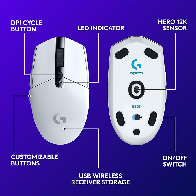 Logitech G305 Lightspeed Wireless Gaming Mouse Hero Sensor 12000 DPI Lightweight 6 Programmable Buttons 250h Battery On-Board Memory Compatible with PC Mac - White
