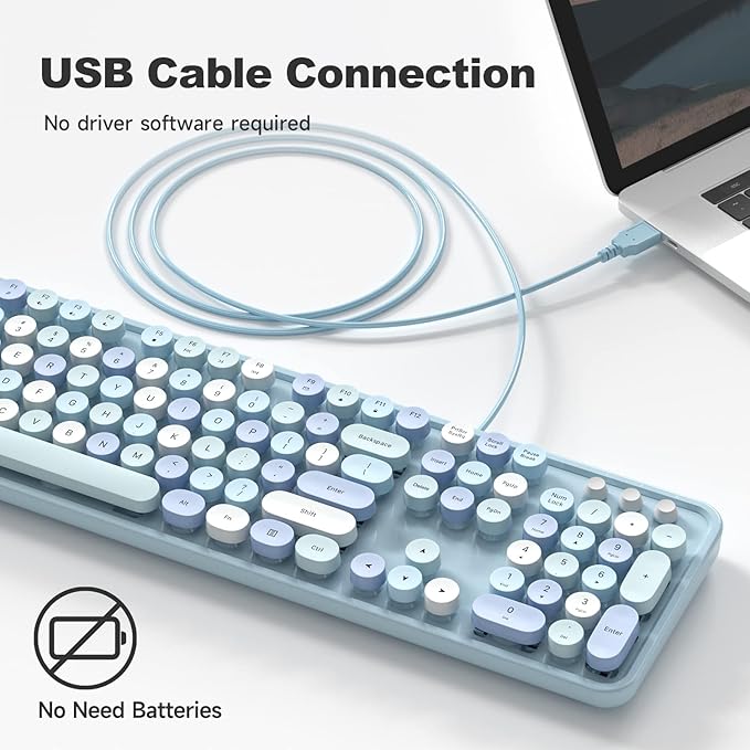Computer Keyboard Wired Plug Play USB Retro Round Typewriter Keyboard Full Size Wired Keyboard with Foldable Stands for Laptop and Office PC - Blue Colorful