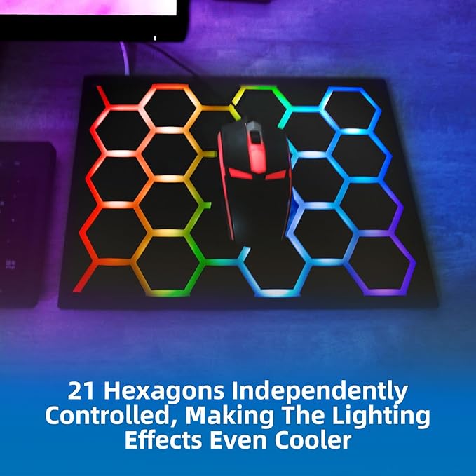 Gaming Mouse pad with Hexagonal Glowing Pattern RGB LED Mouse pad Multiple Lighting Modes Supports PC Client Color Adjustment syncs with Screen Colors