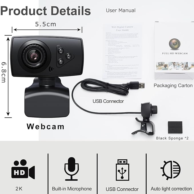 2K Full HD Webcam with Noise-Canceling Microphone Auto Light Correction &amp 110° Wide AnglePlug &amp Play USB Camera for PC/Laptop/Mac/Zoom/Skype/Teams/Online Meetings