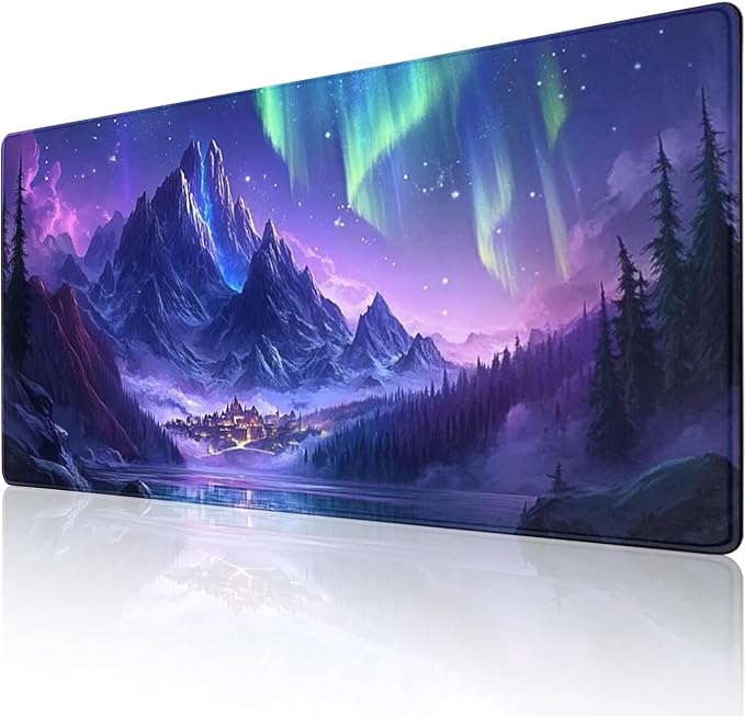 Extended Mouse Pad Large Gaming Mouse Pads - Aurora Painting Northern Lights Mountains Stars Desk Pad Computer Desk Mat Non-Slip Mousepad for Game Players Office Study (48 x 24)