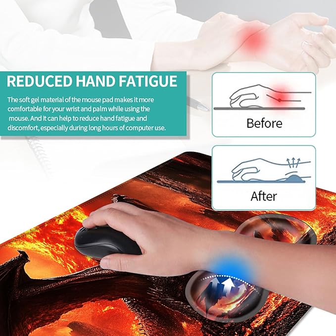 Keyboard Mouse Pad Set Extended Gaming Mouse Pad+Ergonomics Keyboard Wrist Rest Support Memory Foam Easy Typing Pain Relief 4Pcs XL Ultra Thick Desk MatFire Dragon