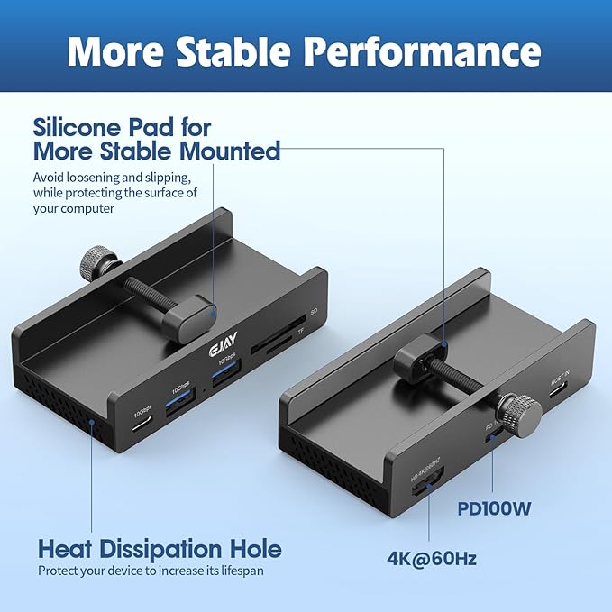 Ejay 7-in-1 USB C Hub with Clamp Mount 4K@60Hz HDMI for MacBook Pro 100W PD Charging 10Gbps USB 3.2 Hub for SD/TF Card Reader Aluminum Hub for XPS iPad Pro Windows Black