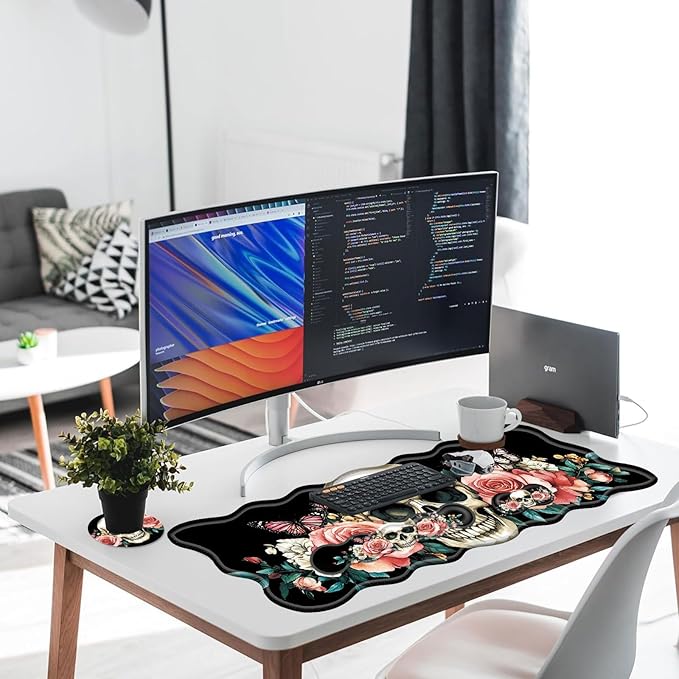 Large Gaming Mouse Pad Keyboard Wrist Rest Pad &amp Wrist Support Mousepad Set Stitched Edge Extended Non-Slip Base Memory Foam Desk Mat for Office HomeFloral Skull
