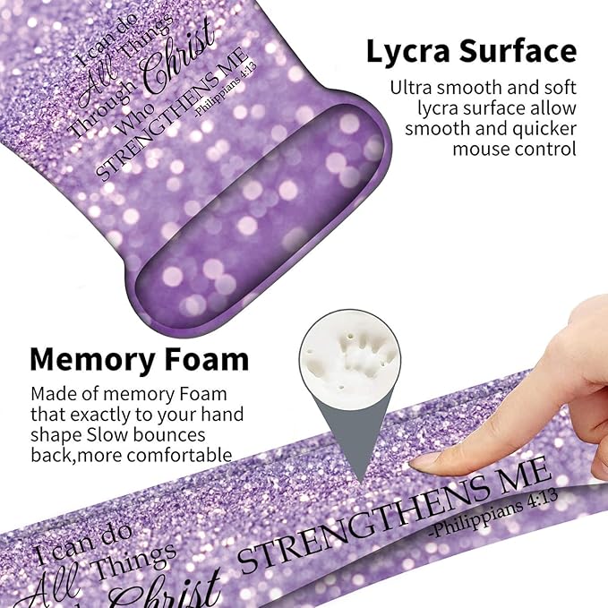 Keyboard Wrist Support + Wrist Mousepad + Coaster Combination Non-Slip PU Base with Gel Memory Mousepad Suitable for Gaming Office Pain Relief Mousepad Set - Purple Glitter Quote Philippians 4-13