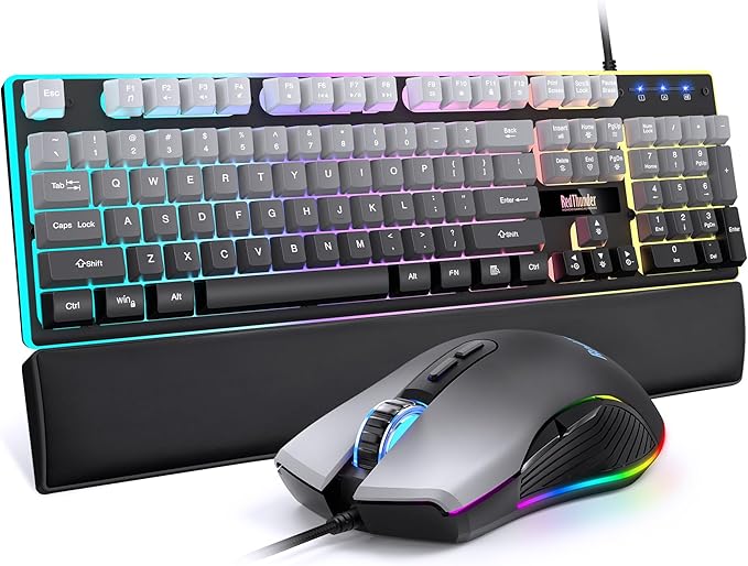 RedThunder K10 Wired Gaming Keyboard Mouse Wrist Rest Combo RGB Backlit Mechanical Feel Anti-ghosting Keyboard + 7D 7200 DPI Mice+Soft Leather Wrist Rest 3 in 1 PC Gamer Accessories(Gradient Gray)