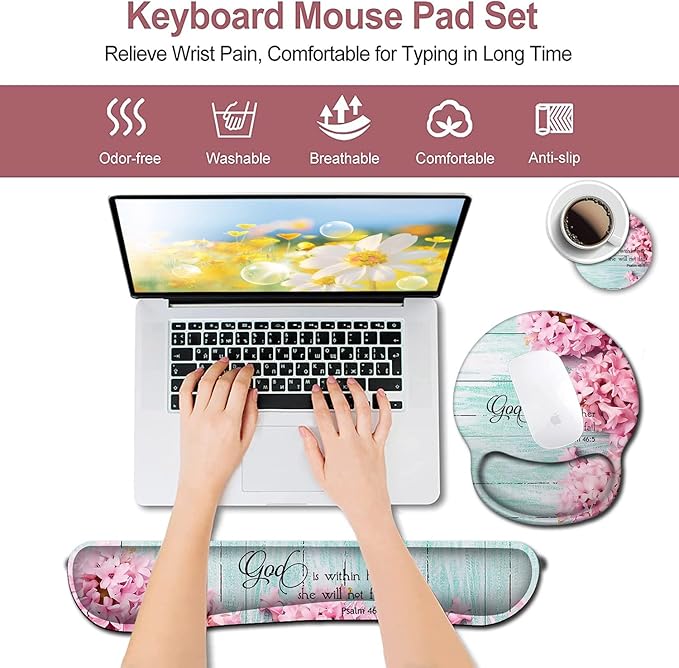 Mouse Pad with Wrist Support Ergonomic Gel Mouse Pad Beautiful FlowersPink Hyacinths on Wood PanelNon-Slip Durable Memory Foam Keyboard Wrist Rest Suitable for Office Typing Games