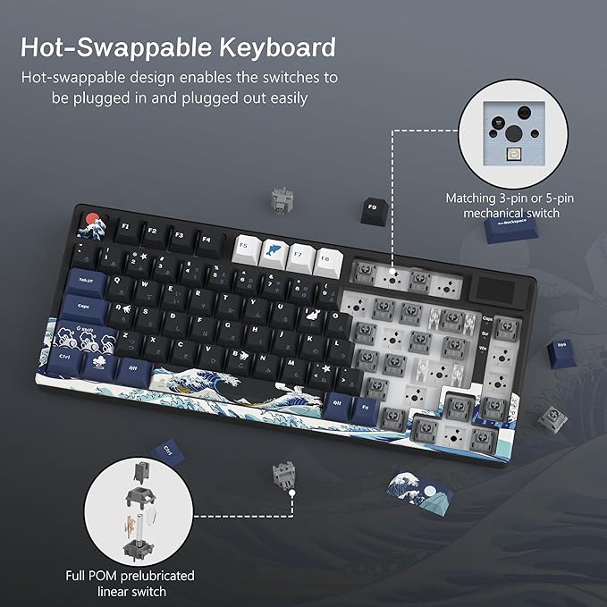 Womier SK80 75% Keyboard with Color Multimedia Display Mechanical Gaming Keyboard Creamy Sound Wired Hot Swappable Gasket Mount RGB Custom Key Board Pre-lubed Stabilizer for Mac/Win Black Kanagawa