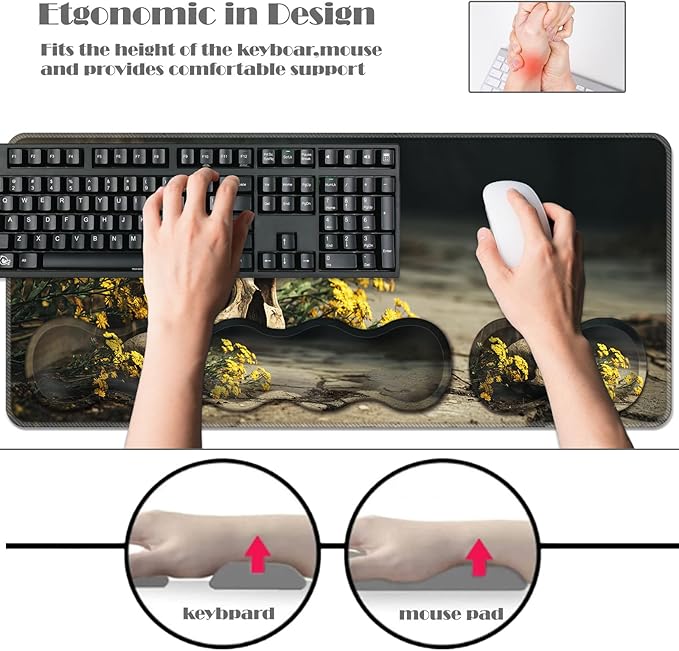 Ergonomic Keyboard Wrist Rest &amp Mouse Pad Wrist Rest SetXL Gaming Desk Mat 31.5x 11.8Non-Slip BaseMemory FoamEasy Typing Pain Relief for Office &amp HomeSkull Wildflowers