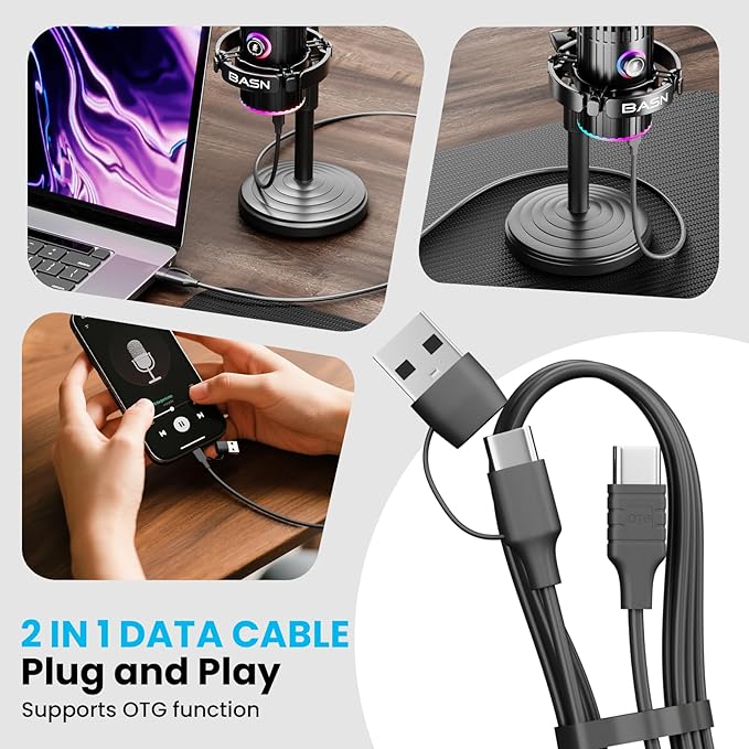 BASN USB/XLR Dynamic Microphone Live Streaming Gaming Recording with Three-in-One Mute ButtonRGB Lighting and MIC Stand for PC (Black) SL2000