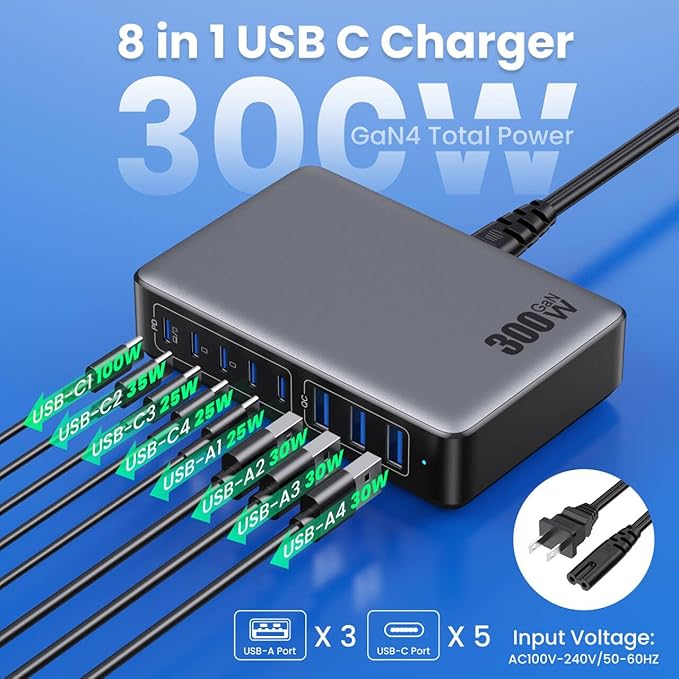 USB C Charger 300W USB C Charger BlockUpgraded GaN IV 8-Port Fast Charging Station HubPD 100W Laptop Charging Adapter Compatible with MacBook Pro/AirDELLSteam DeckiPhone 16/15/14Galaxy S23/22
