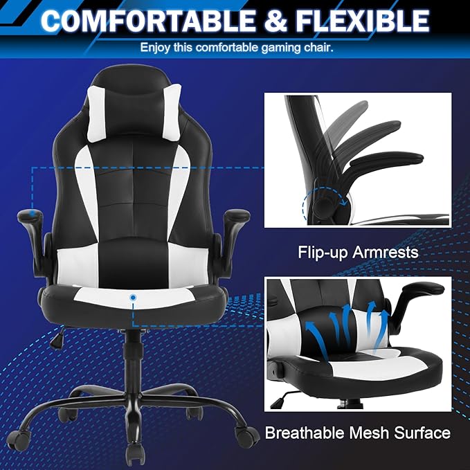 Gaming Chair Racing Chair with Lumbar Support - High Comfort PU Leather Ergonomic Office Desk &amp PC Gaming Chair for Adults Men Women - Flip-Up Arms &amp Headrest White