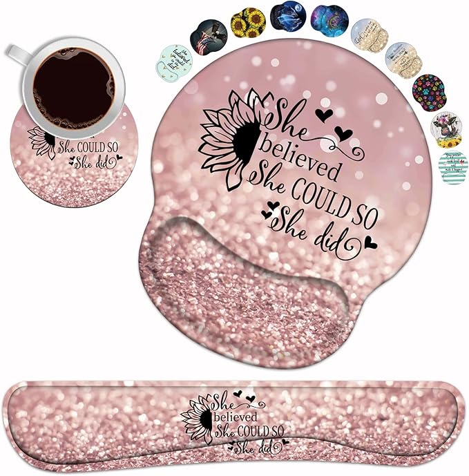 Keyboard Wrist Rest and Mouse Pad Wrist Support Set with Coasters She Believed She Could So She Did Inspirational Quote Wrist Mouse Pad with Non-Slip PU Base for Home Office Working Studying