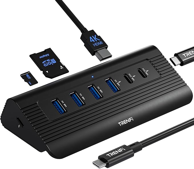 10-in-1 USB C Hub with Detachable Cable USB 3.2 Gen2 10Gbps 4K 60Hz HDMI 100W PD SD/TF Reader - Aluminum Docking Station for Laptop PC MacBook Pro/Air M1-M5 Mac mini (Carbon Black)