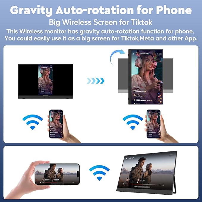 17.3 Wireless Portable Monitor with Built‑in 8000mAh Battery 4H AirPlay &amp Miracast 2.5K QHD 2560x1400 IPS Matte HDR 125% sRGB 500 Nits VESA Auto Rotation for Phone/Tablet USB‑C &amp Mini