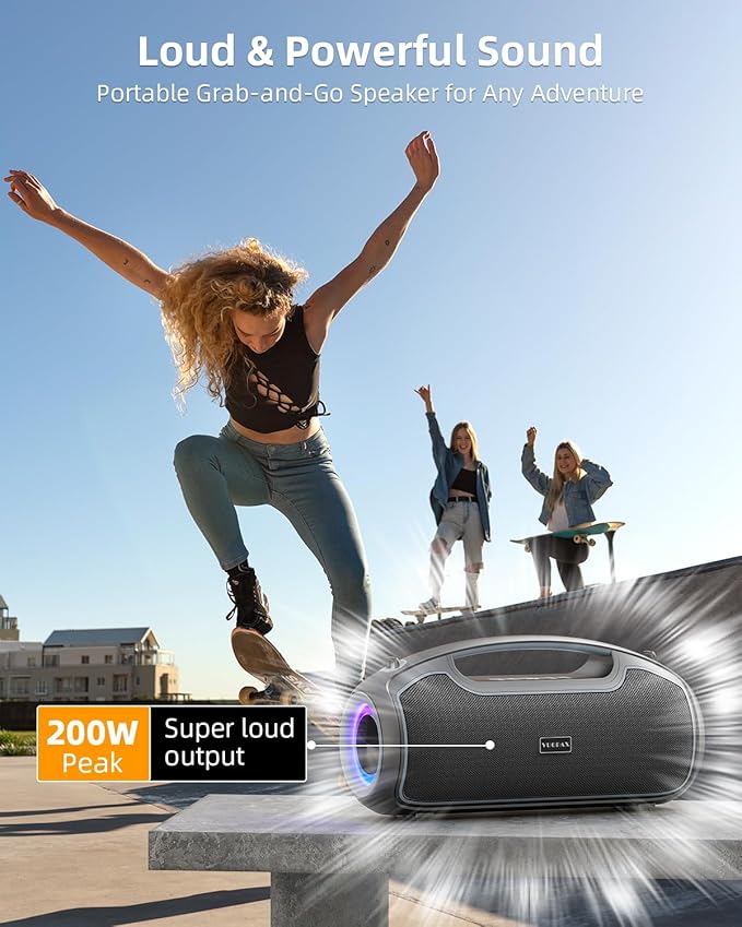 Upgrade Portable Bluetooth Speakers Wireless 200W MAX Loud Powerful Speaker w/Deep Bass IP65 Waterproof/ BT5.4 for Outdoor Party Camping Tailgating Beach Large Workshop Garage 24H Playtime