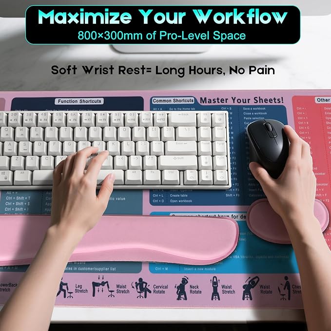 Excel Cheat Sheet Mouse Pad Set | 3-Piece XXL Ergonomic Desk Mat with Wrist Rest for Office &amp Gaming(Blush)