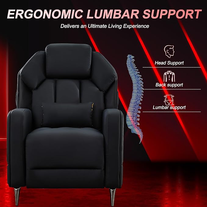 URRED Gaming Recliner Chair with LED Lights Ergonomic Video Game Reclining Chair with Footrest Lumbar Pillow Side Pocket Home Theater Recliner for Living Room Bedroom Gaming Room (Black)