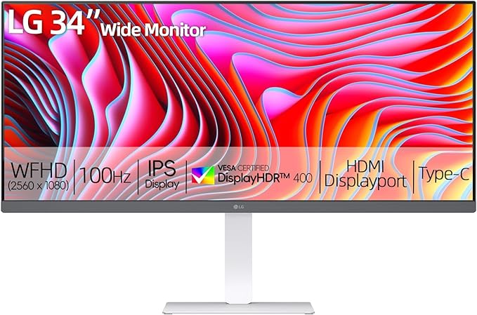 LG 34“ UltraWide IPS Monitor 21:9 WFHD (2560 x 1080) Display 100Hz Refresh Rate VESA DisplayHDR 400 HDR10 Flicker Safe USB Type-C HDMI DisplayPort Height/Swivel/Tilt Adjustable Stand White