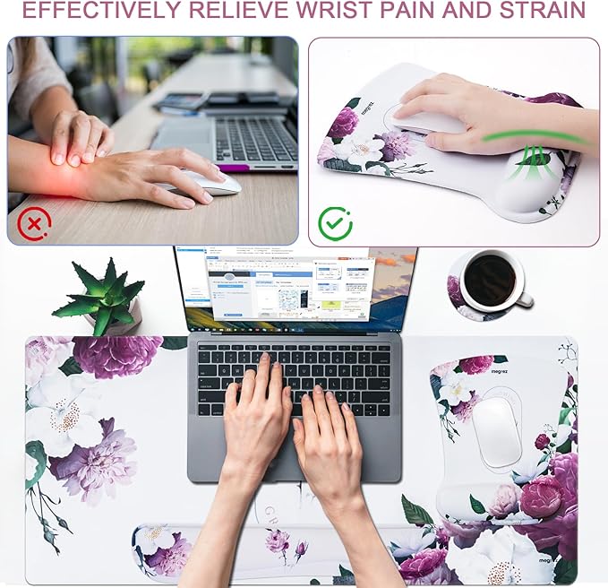 MEGREZ 4-in-1 Ergonomic Memory Foam Wrist Rest Set Desk Pad Mouse Pad with Wrist Rest Keyboard Pad Suitable for Office Workers Programmers &amp Gamers–Relieve Typing &amp Gaming Fatigue White