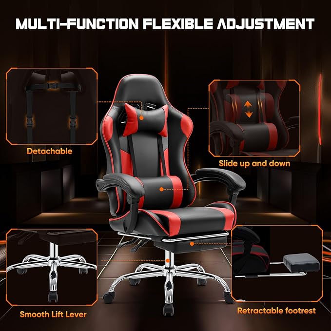 Sweetcrispy Video Game Chair - Ergonomic Computer Desk with Footrest and Comfy Lumbar Support PU Leather Recliner with Headrest Fixed Up Armrest Height Adjustable with 360° Swivel for Adults Red