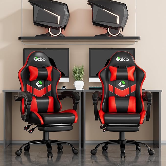 Gaming Chair with Footrest Racing Style Lumbar Support Massager Video Game Chair with Metal Legs High Back Gamer Chair with Headrest 360° Swivel Office Computer Desk Chair Bright Red