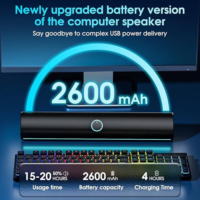 Computer Speakers for Desktop PCComputer Sound bar2600mAh PC SoundbarBass BoostHiFi Stereo Bluetooth Desktop Speakers with Touch Buttons for LaptopsPhoneGreat for GamersFamilies