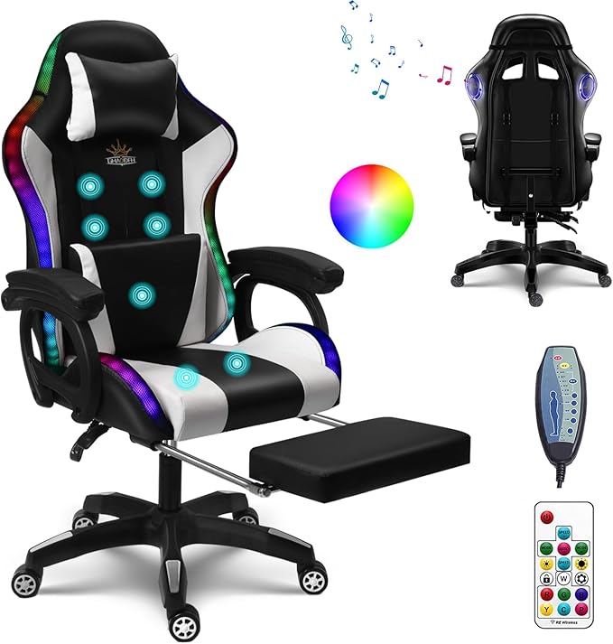 Massage Gaming Chair with Speakers Video Game Chair with RGB LED Lights Ergonomic Racing Office Chair PU Leather Recliner Computer Chair Swivel Chair with Headrest Armrest Lumbar SupportWhite