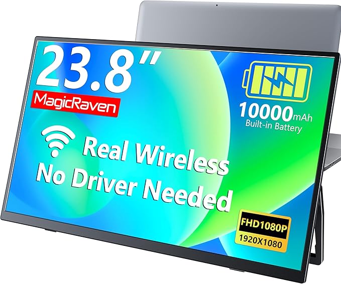 Wireless Portable Monitor for Laptop 23.8 Portable Monitor with Battery-1080P FHD Second Screen for Home &amp Office AirPlay &amp Miracast Casting No Cables or Drivers Needed