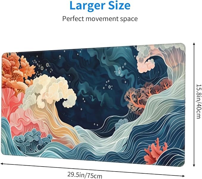 Wave Desk Cover MatExtended Large Mouse PadComputer Laptop Mat Desk Decor for Office Game Home 30x16 Inch