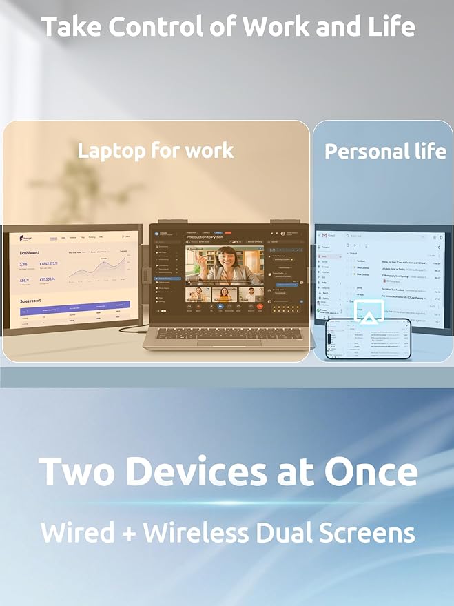 Dual Laptop Screen Extender 14 1080P IPS Wireless &amp Wired Portable Triple Monitor Hybrid Connection (1 Cable + Wireless) for 13.3-16.1 Laptops Support MacBook M1-M5 Series&amp Windows(No Spe