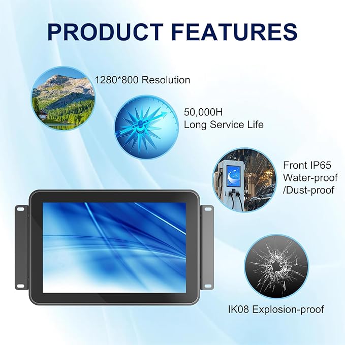 10.1 Inch Capacitive Touch Screen Monitor 10-Point Multi-Touch Industrial Display 1280x800 IP65 Front Waterproof HD-MI &amp VGA Port Full Black Open Frame Touch Screen Monitor
