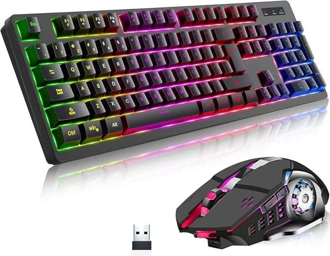 Wireless RGB Gaming Keyboard and Mouse - Rechargeable RGB BacklitLong Battery LifeMechanical Feel7 Color Gaming Mouse for PC Game and Work