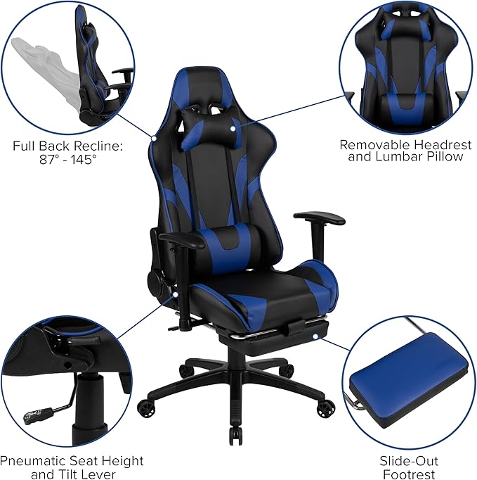 BizChair Gaming Desk and Blue Footrest Reclining Gaming Chair Set - Cup Holder/Headphone Hook/Removable Mouse Pad Top/Wire Management
