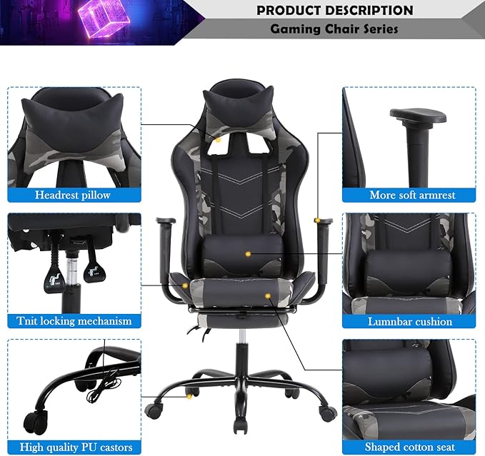 Gaming Chair with Lumbar Support Headrest and Footrest Ergonomic Massage Gaming Office Chair Computer Desk Chair PU Leather Gamer Chair Adjustable Height Video Gaming Chair for Adults Kids Men Camo